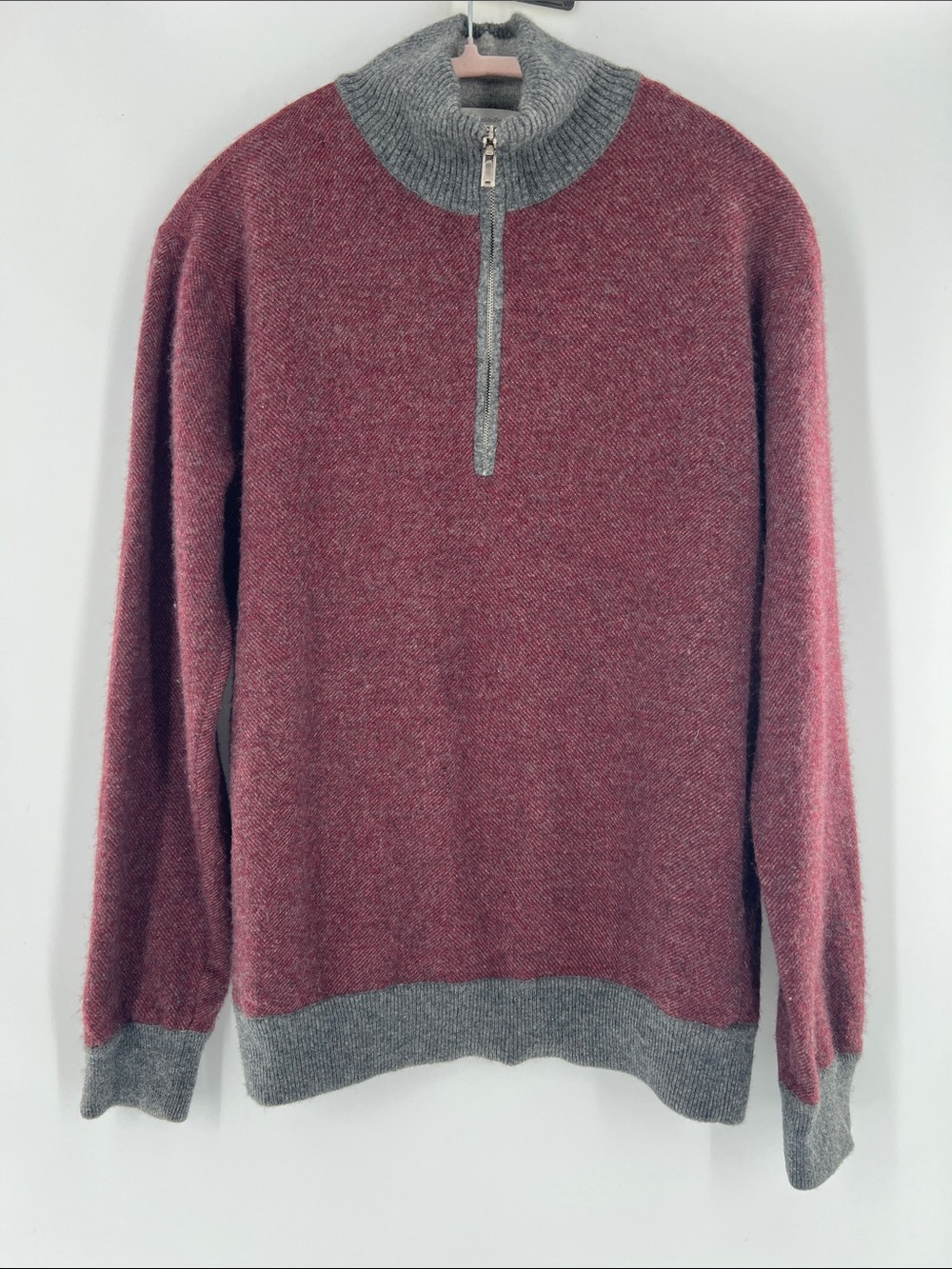 Ermenegildo Zegna Burgundy Gray Quarter Zip Cashmere Sweater Preppy Layering L